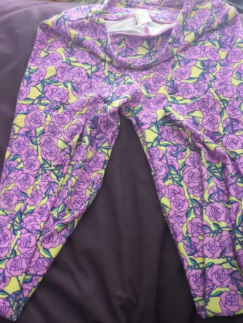 LuLaRoe Purple and Yellow Rose Print Leggings